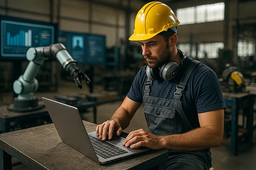 Blue-Collar Recruitment Illustration with worker using laptop in production facility.