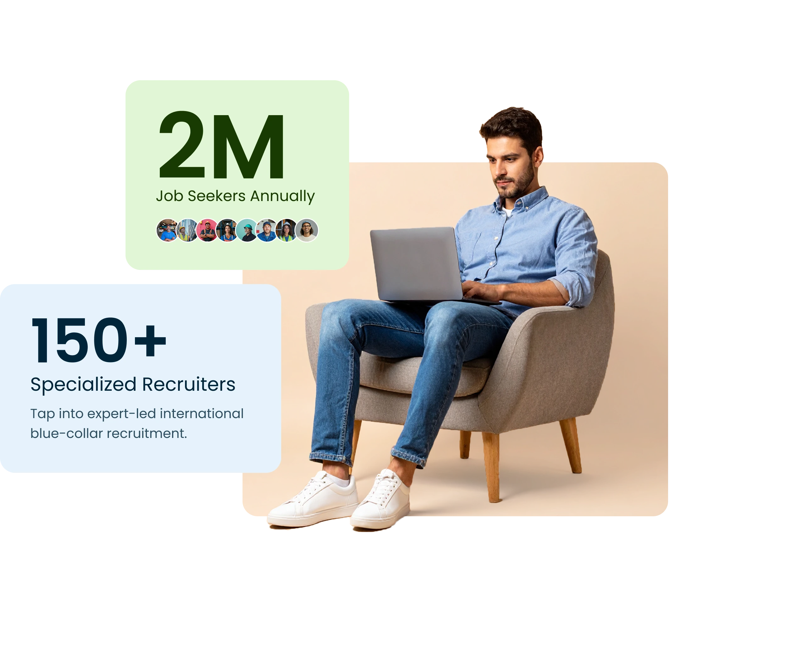 Man working on laptop representing Hire Abroad connecting 2M job seekers with 150+ specialized recruiters