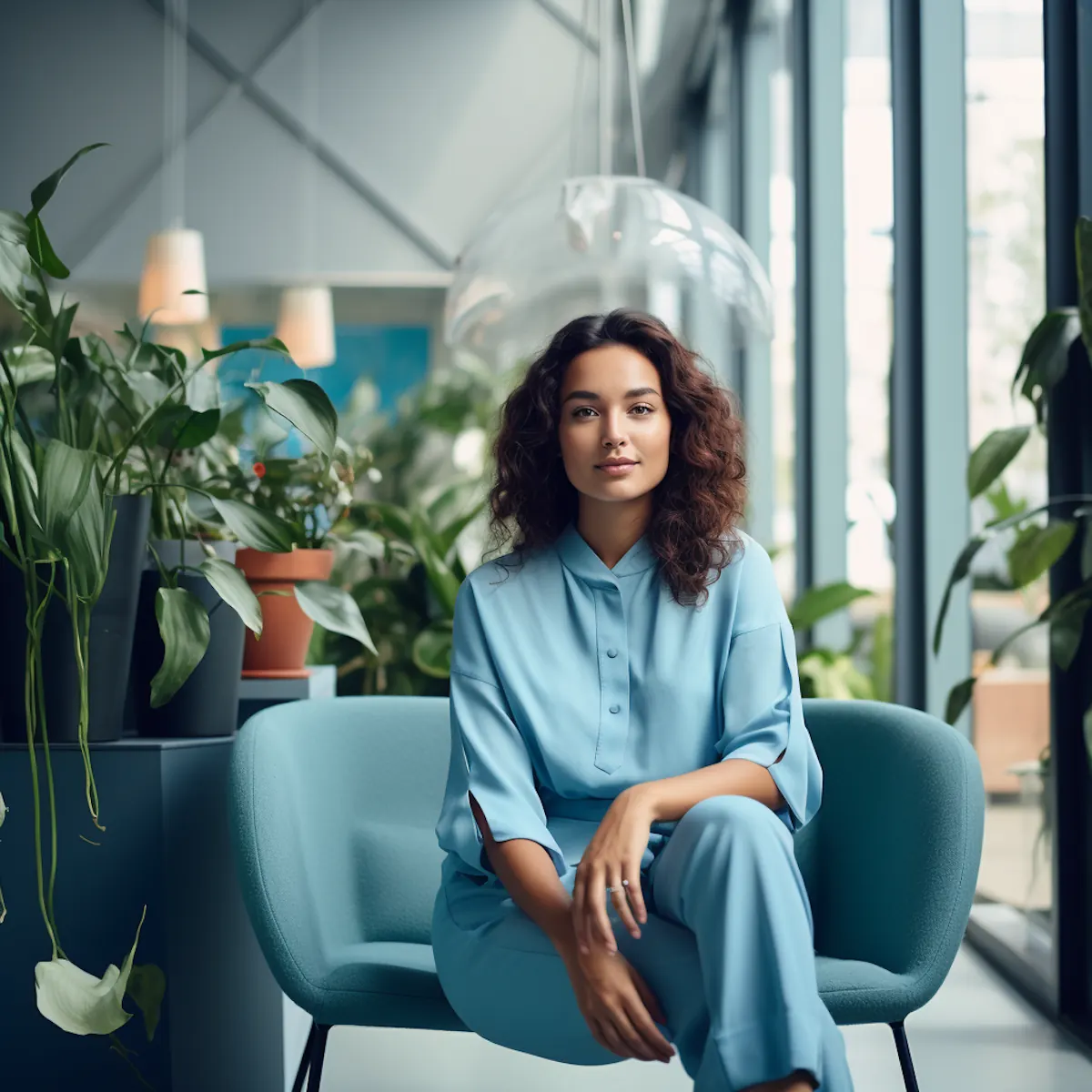 Woman sitting down behind plants