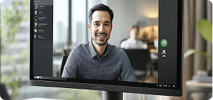 Monitor showing man in meeting call