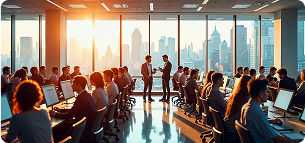Office floor at sunset filled with people working