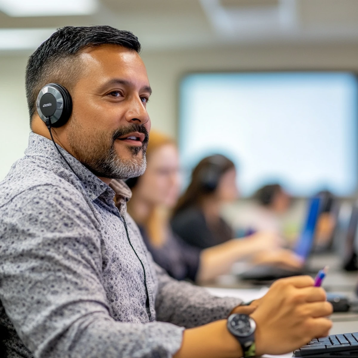 office worker with headset sitting with computer
