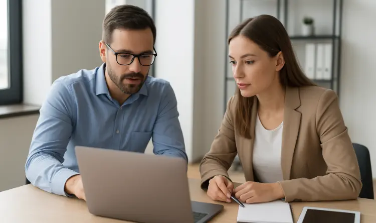 Recruiters looking at Hire Abroad Platfrom on Laptop