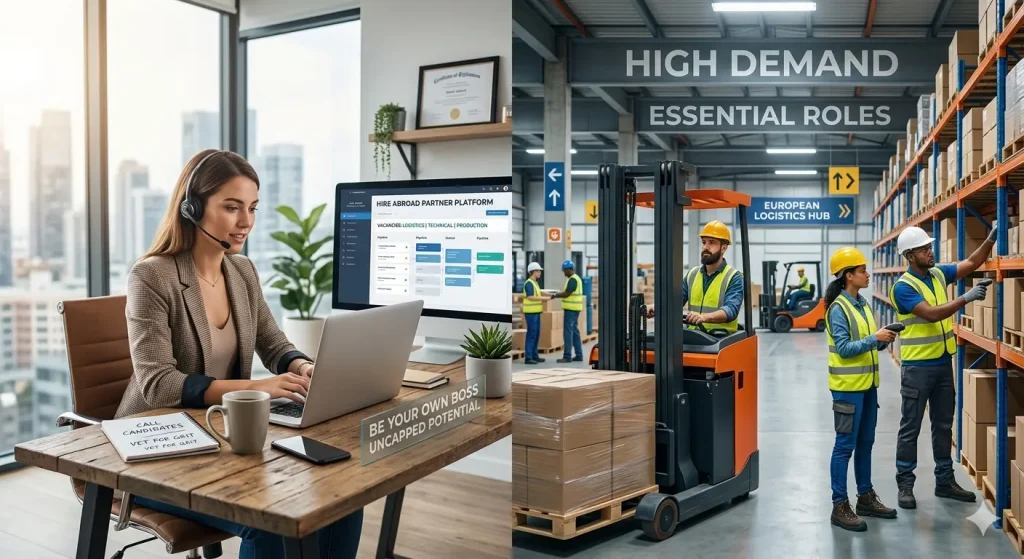 Recruiter on one side, blue collar workers on the other