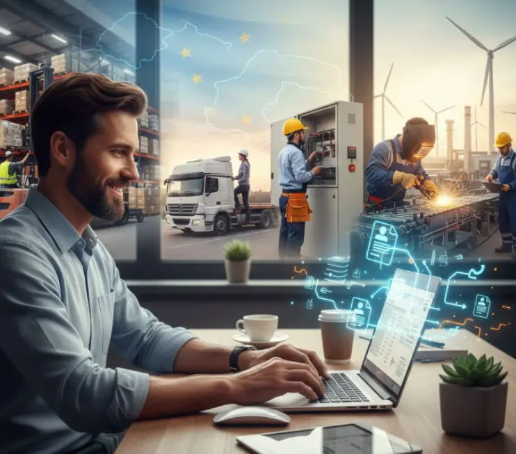 recruiter working on laptop while blue-collar workers work in the background