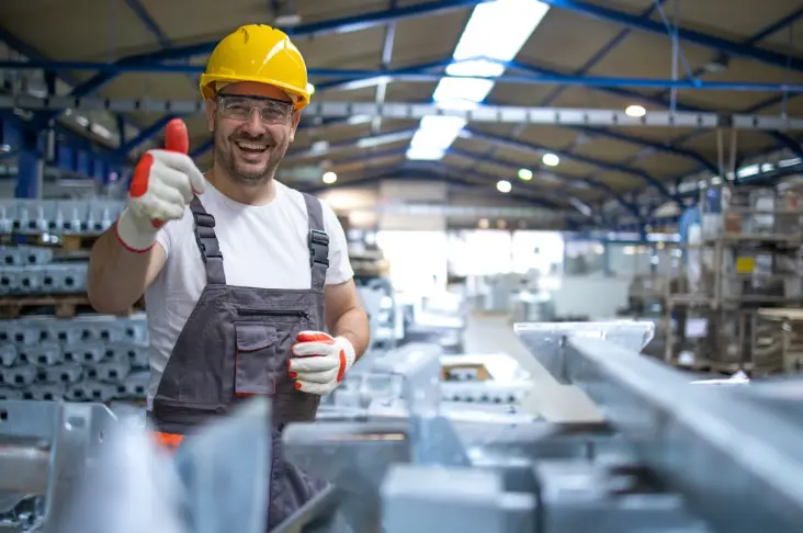 Worker showing thumbs-up next to production line