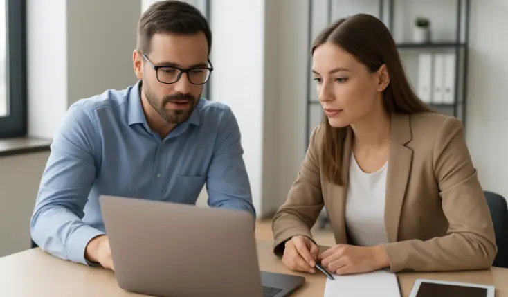 male and female recruiter talking infront of laptop