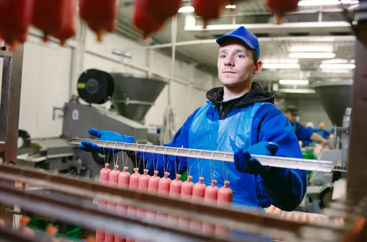 Man in food factory carrying sausages