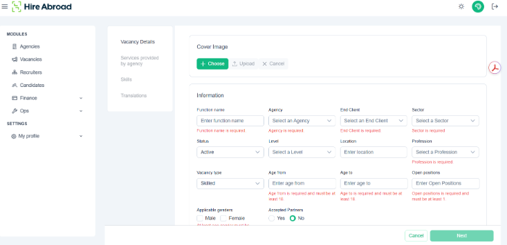 Hire Abroad's vacancy creater template