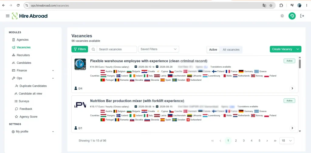 screenshot of Hire Abroad's vacacncies