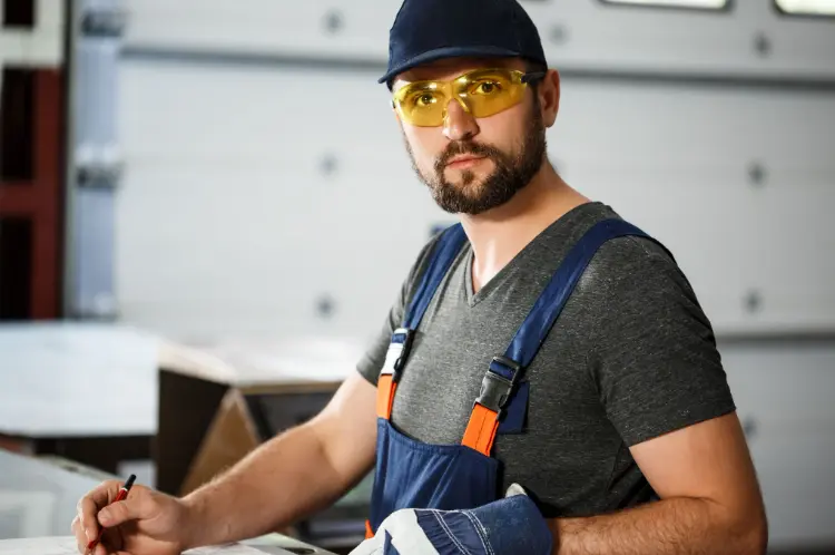 worker with safety glasses on looking at camera
