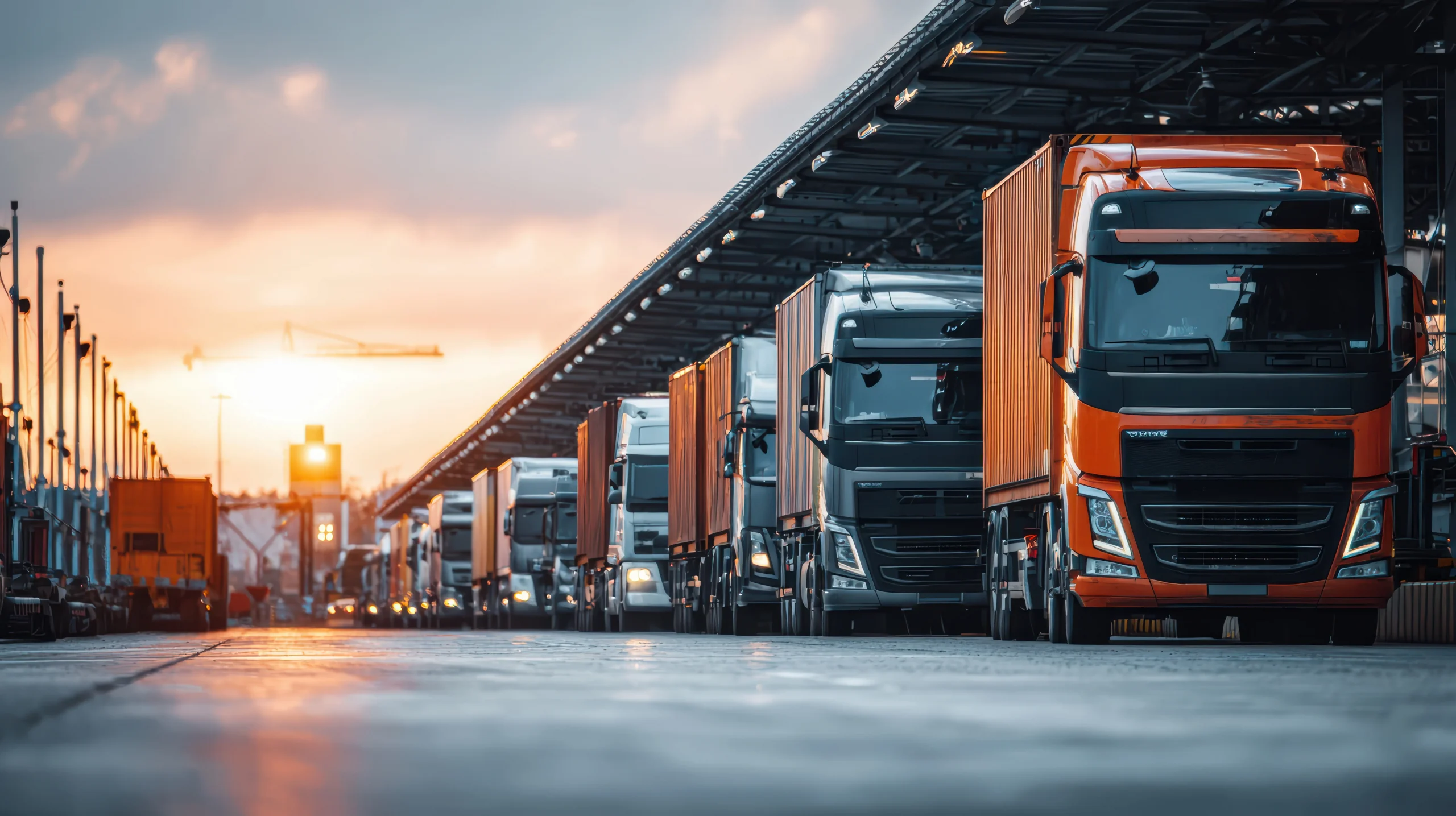 commercial trucks lined up logistics hub sunset