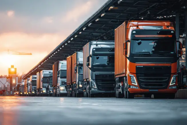 many trucks waiting in line at terminals