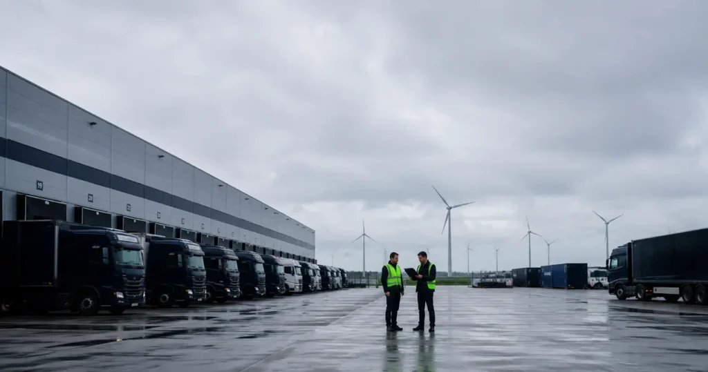 Two workers on a logistics yard