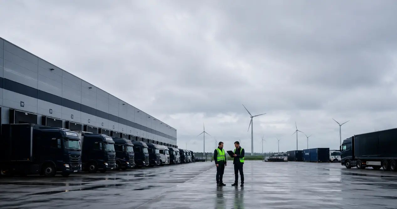 Two workers on a logistics yard