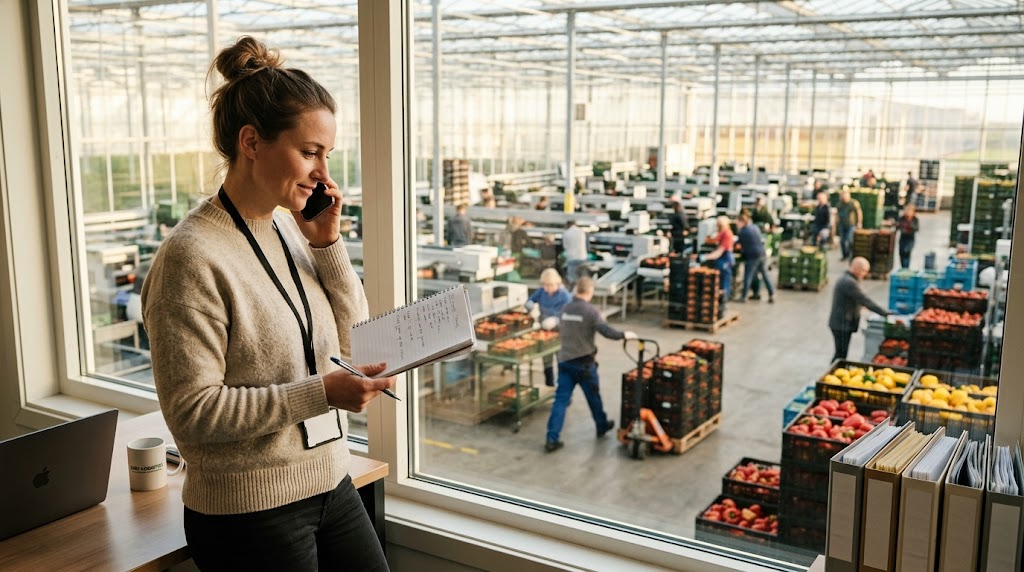 Manager watching warehouse workers from office